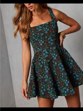 Vici Blue & Dark Green Floral Fit-and-Flare Mini Dress